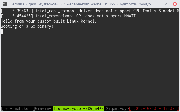 A minimal Linux kernel running only a Go binary.