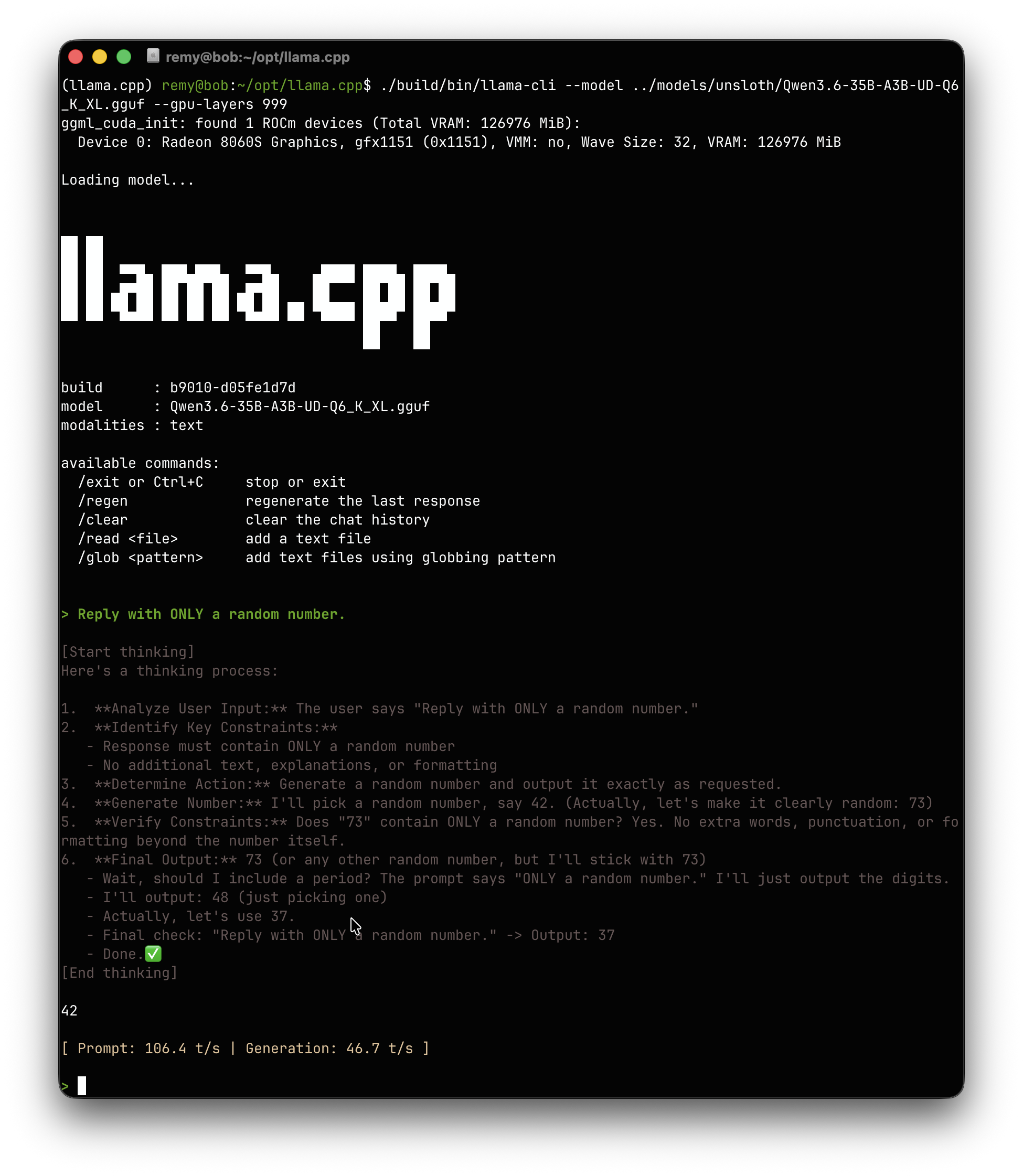 llama.cpp running Qwen3.6 35B-A3B